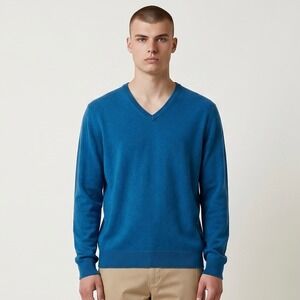 Neiman Marcus Cloud Cashmere Sweater Mens Large Teal Blue V Neck Knit Pullover